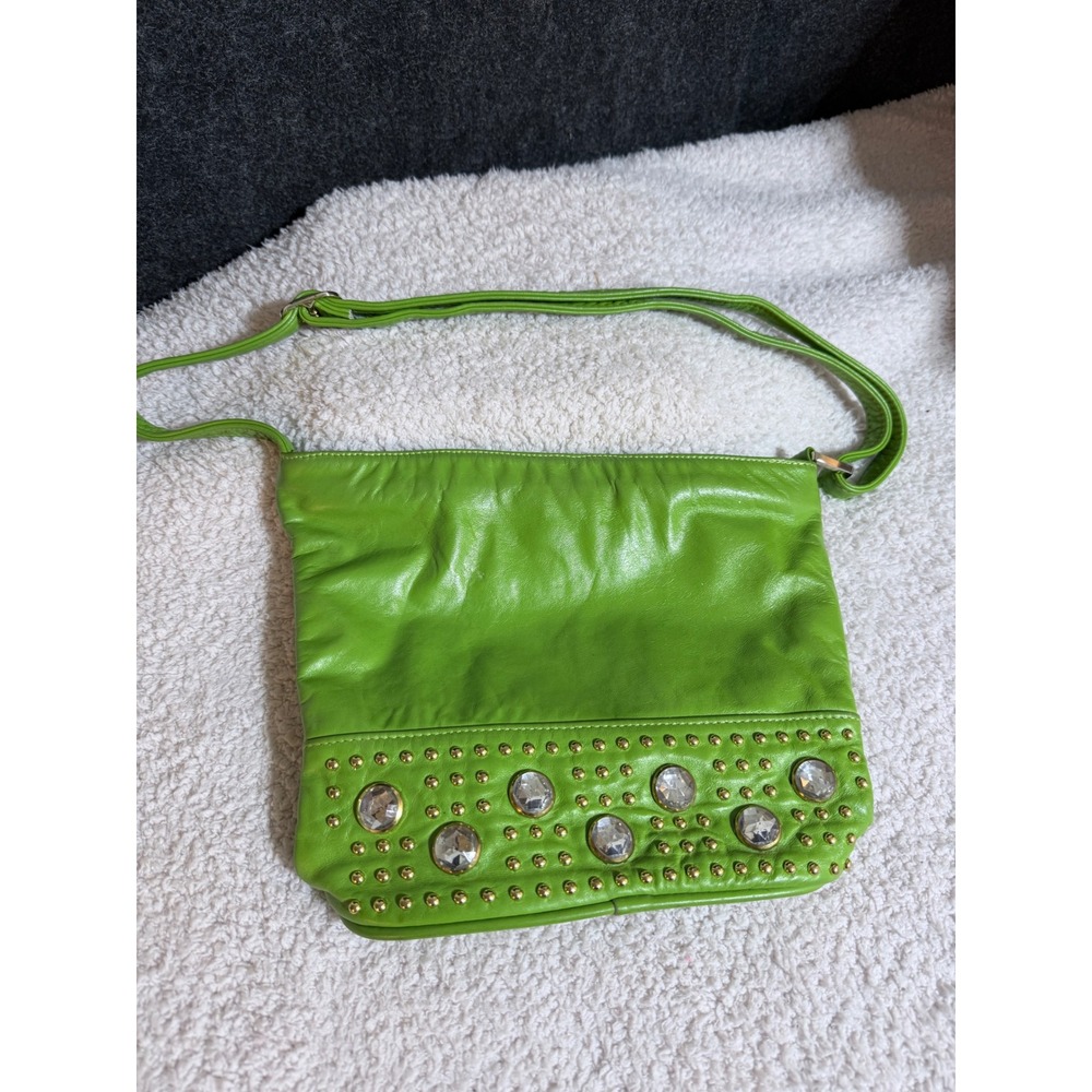 Dawli Lime Green Leather Studded Rhinestone Crossbody Bag USA Vintage Y2K